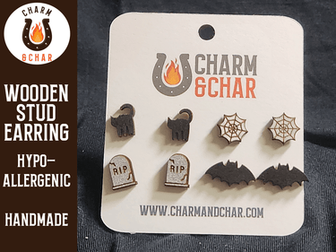 Halloween Wood Stud Earrings - Spooky Fashion Earring Set - Stud Earring - Charm and Char